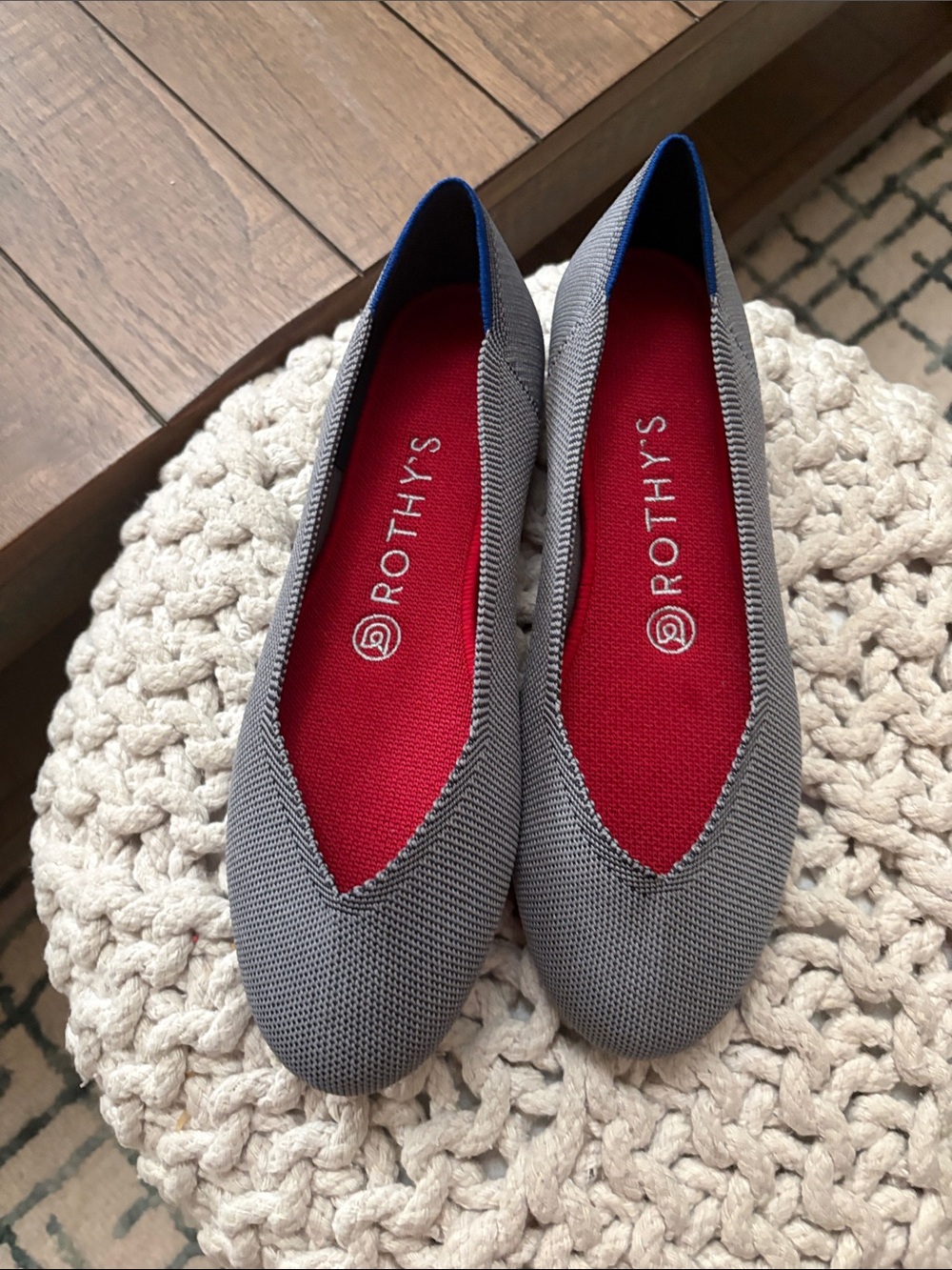 Rothy's Grey Knit Ballet Flats with Red Insole and Blue Trim